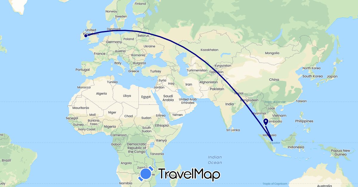 TravelMap itinerary: driving in Ireland, Singapore, Thailand (Asia, Europe)